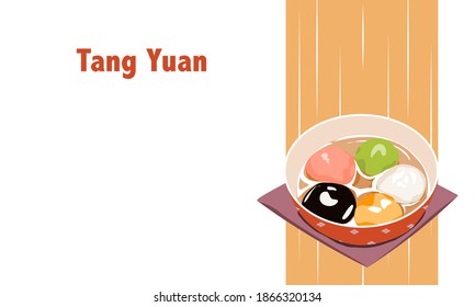 tang yuan or glutinous rice balls, a Chinese dessert in different colors with white background and text, hand drawing realistic vector illustration. 