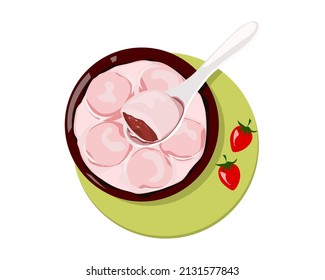 Tang yuan with strawberry inside and strawberry milk. Pink glutinous rice balls and spoon with half pice in red bowl on green placemat. Isolated pink tang yuan on white background vector drawing.   