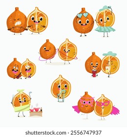  Tangelo, ugli fruit cute funny cheerful characters. Vector hand drawn illistration.