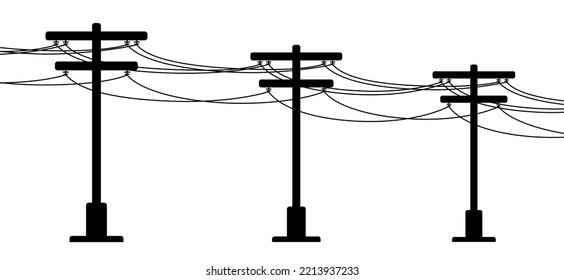 Tangent towers. High voltage pole, electric wires and telephone cable, wire line pylon, poles network. Broken electric pylons, power transmission line. Cartoon for socket, electricity cable circuit. 