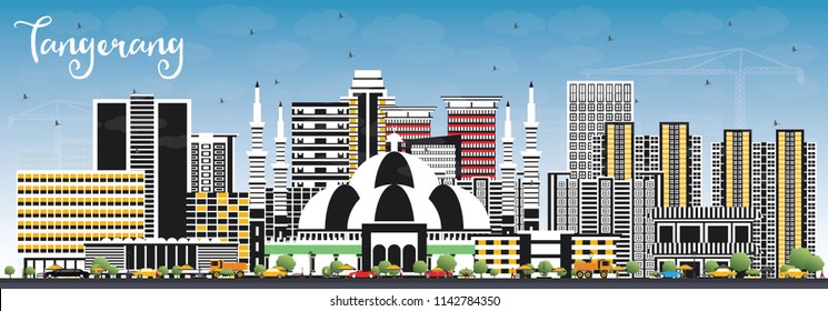 Tangerang Indonesia City Skyline with Gray Buildings and Blue Sky. Vector Illustration. Business Travel and Tourism Concept with Modern Architecture. Tangerang Cityscape with Landmarks.