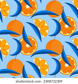 tangerina con hojas azules patrón vectorial sin costuras. huella de cítricos aislados en fondo azul 