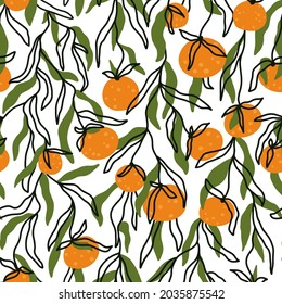 Tangerine branches seamless pattern. Summer citrus fruits. Vector trendy hand-drawn abstract background in simple cartoon scandinavian style. Digital paper. Orange-green palette