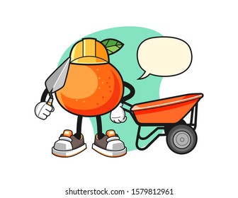 Tangerine builder with speech bubble cartoon. Mascot Character vector.