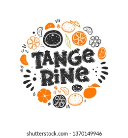Tangerine card. Whole, half, sliced, bitten fruits. Ink hand drawn vector illustration for cafe, menu, shop, bar, restaurant, poster, sticker, logo, detox diet concept, farmers market