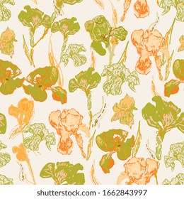 Tangerine and charteuse green irises flowers on a background of seafoam color. Vector illustration, seamless pattern based on the oil painting of Van Gogh.