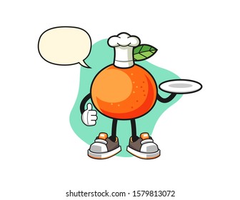 Tangerine chef with speech bubble cartoon. Mascot Character vector.