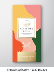 Tangerine Chocolate Label. Abstract Vector Packaging Design Layout with Soft Realistic Shadows. Modern Typography, Hand Drawn Citrus Silhouette and Colorful Background. Isolated.