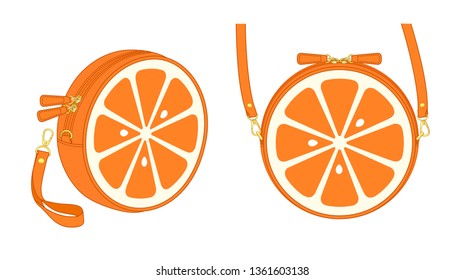 tangerine circle bag, round purse, double slider zipper bag, daily zip pouch with detachable shoulder strap/ detachable wrist strap, vector illustration sketch template