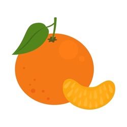 Tangerine Or Clementine Whole Fruit And Slice Isolated On White Background. Mandarin Orange Ripe Fruit Icon For Package Design. Organic Food, Vegetarian Product. Citrus Vector Flat Illustration.