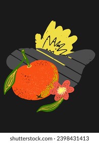 Tangerine composition with spots, postcard on a black background. Grainy texture, cartoon style, doodle, grunge texture, colored pencil, old paint, pencil texture, pastel, pencil. Vector.