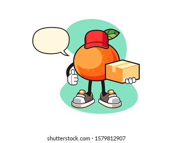 Tangerine courier with speech bubble cartoon. Mascot Character vector.
