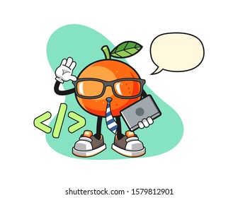 Tangerine developer with speech bubble cartoon. Mascot Character vector.