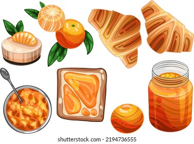 Tangerine in different angles. Mandarin jam, toast with tangerine marmalade. A jar of marmalade. Drawn in a group and in a section, vector illustration