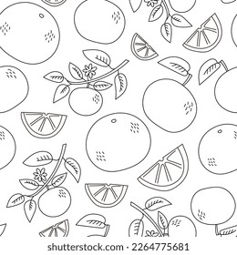 Tangerine doodle seamless pattern. Cute hand drawn mandarin fruit repeat black sketch vector illustration on white background for citrus taste product packaging
