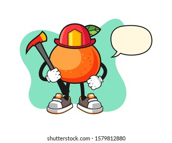 Tangerine firefighter with speech bubble cartoon. Mascot Character vector.