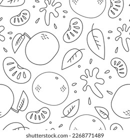 Tangerine Aroma doodle nahtlose Muster. Mandarin, handgezeichnet, schwarz-weißorange, nahtloser Hintergrund für Produktverpackungspapier