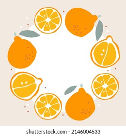 Tangerine frame. Round seasonal fruit border. Tangerine isolated frame with copy space. Summer tropical background. For poster, banner, cover, invitation For text, save date, photo.