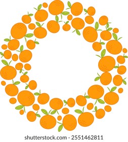 Tangerine frame. Round seasonal fruit border. Tangerine isolated frame with copy space. Vector graphic Summer tropical background. For poster, banner, cover, invitation For text, save date, photo.
