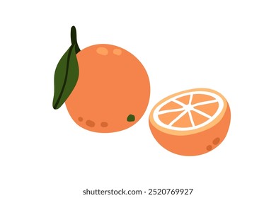 Tangerine fruit, fresh healthy citrus, tropical summer food. Natural vitamin orange clementine, whole and cut half, exotic eating. Flat graphic vector illustration Isolated on white background