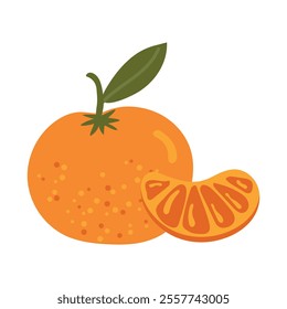 Tangerine Fruit with leaves, hand drawn doodle sketch isolated. Flat vector illustration Food template for nursery design, sticker, logo, diet concept, farmers market. Whole fruit and cut half, slice