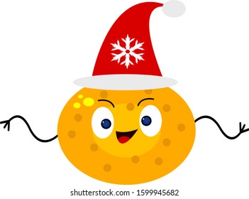tangerine funny cartoon character in a red hat with a snowflake pattern tropical fruit on a white background symbol of christmas and new year
