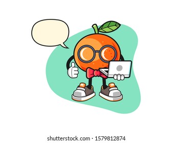 Tangerine geek with speech bubble cartoon. Mascot Character vector.