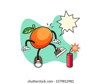 Tangerine get surprise firecrackers with speech bubble cartoon. Mascot Character vector.