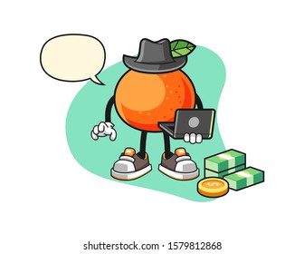 Tangerine hacker with speech bubble cartoon. Mascot Character vector.