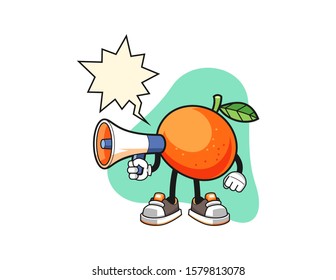 Tangerine hold megaphone with speech bubble cartoon. Mascot Character vector.
