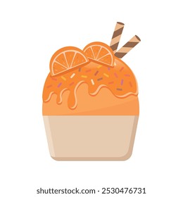 Tangerine ice cream with wafer rolls vector illustration. Fresh fruit and sweet dessert.