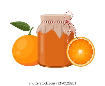 Tangerine jam or confiture jar in rustic style, homemade fruit berry preserve, vector illustration on white background