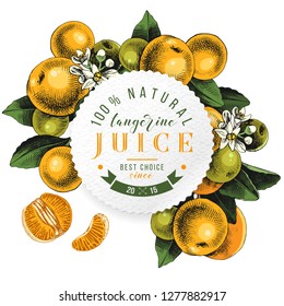 Tangerine juice round emblem over background with hand drawn tangerine branches, flowers and fruits. Vector illustration