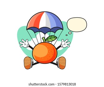 Tangerine jumping parachute with thought bubble cartoon. Mascot Character vector.