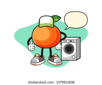Tangerine laundry man with speech bubble cartoon. Mascot Character vector.
