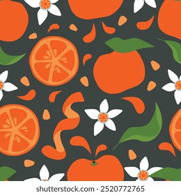 Tangerine with leaves seamless pattern. Orange fruit with flowers, seeds and peel on blue background. Colourful botanical wallpaper. 