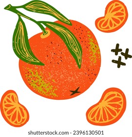 
Tangerine on a branch with slices. Cartoon style, pencil, crayon texture, pastel, gouache. Vector set, collection of elements.