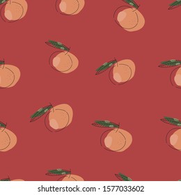 Tangerine on a red background seamless pattern. Mandarin vector illustration.