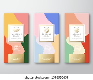 Tangerine, Orange and Coconut Chocolate Labels Set. Abstract Vector Packaging Design Layout. Soft Realistic Shadows. Modern Typography, Hand Drawn Citrus Silhouettes and Colorful Background. Isolated.