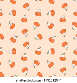 Tangerine pattern. Illustration of cute white kittens with tangerines on a light brown background. Vector 8 EPS.