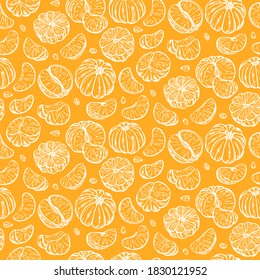 Tangerine pattern. Organic food, vector doodle hand drawn sketch style. Mandarin background for fabric print, textiles, wrapping paper, food packaging.