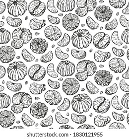 Tangerine pattern. Organic food, vector doodle hand drawn sketch style. Mandarin background for fabric print, textiles, wrapping paper, food packaging.