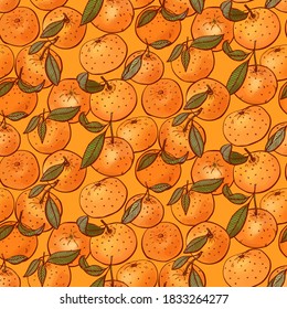 Tangerine pattern. Organic food, vector doodle hand drawn sketch style. Mandarin background for fabric print, textiles, wrapping paper, food packaging.