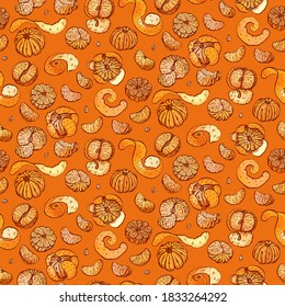 Patrón de mandarina. Comida orgánica, estilo de boceto dibujado a mano vectorial. Antecedentes de mandarín para la impresión de tejidos, textiles, papel de envoltura, embalaje de alimentos.