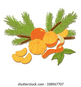 Tangerine peeled and unpeeled spruce branches with cinnamon and tangerine slices
