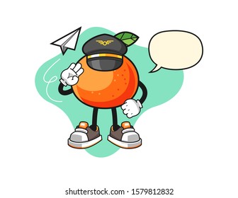 Tangerine pilot with speech bubble cartoon. Mascot Character vector.