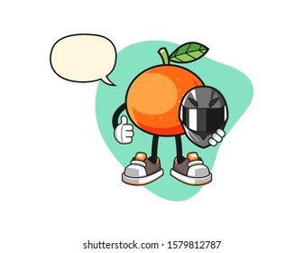 Tangerine racer with speech bubble cartoon. Mascot Character vector.
