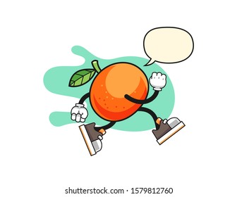 Tangerine run with speech bubble cartoon. Mascot Character vector.