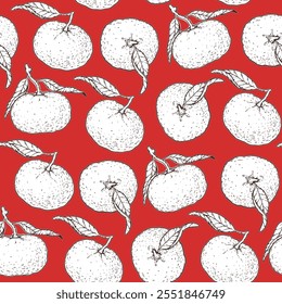 Tangerine seamless pattern. Hand drawn background. Tangerine sketch. Design template.