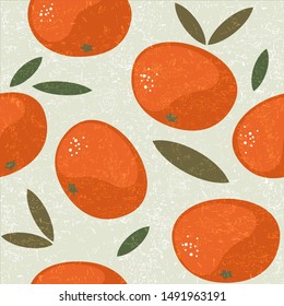 Tangerine seamless pattern. Mandarin juicy fruits with leaves on shabby background.